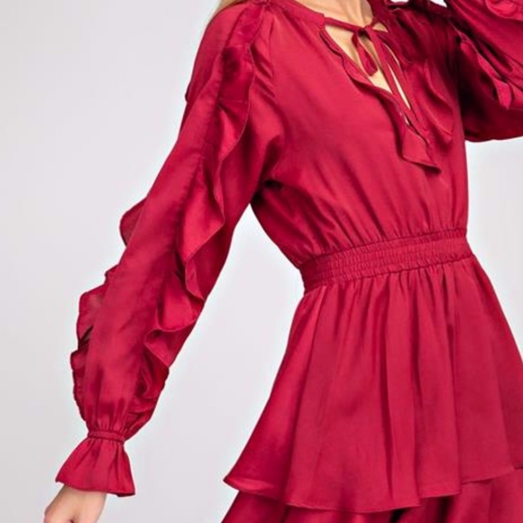 *NEW* BURGUNDY RUFFLE SHORT DRESS - Picture 2 of 5